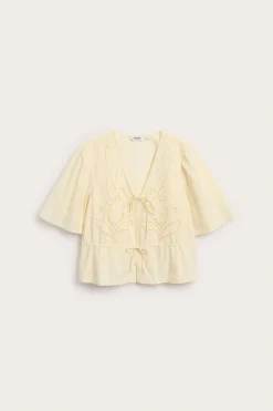 Bluse i bomullspoplin med broderi og knytebånd