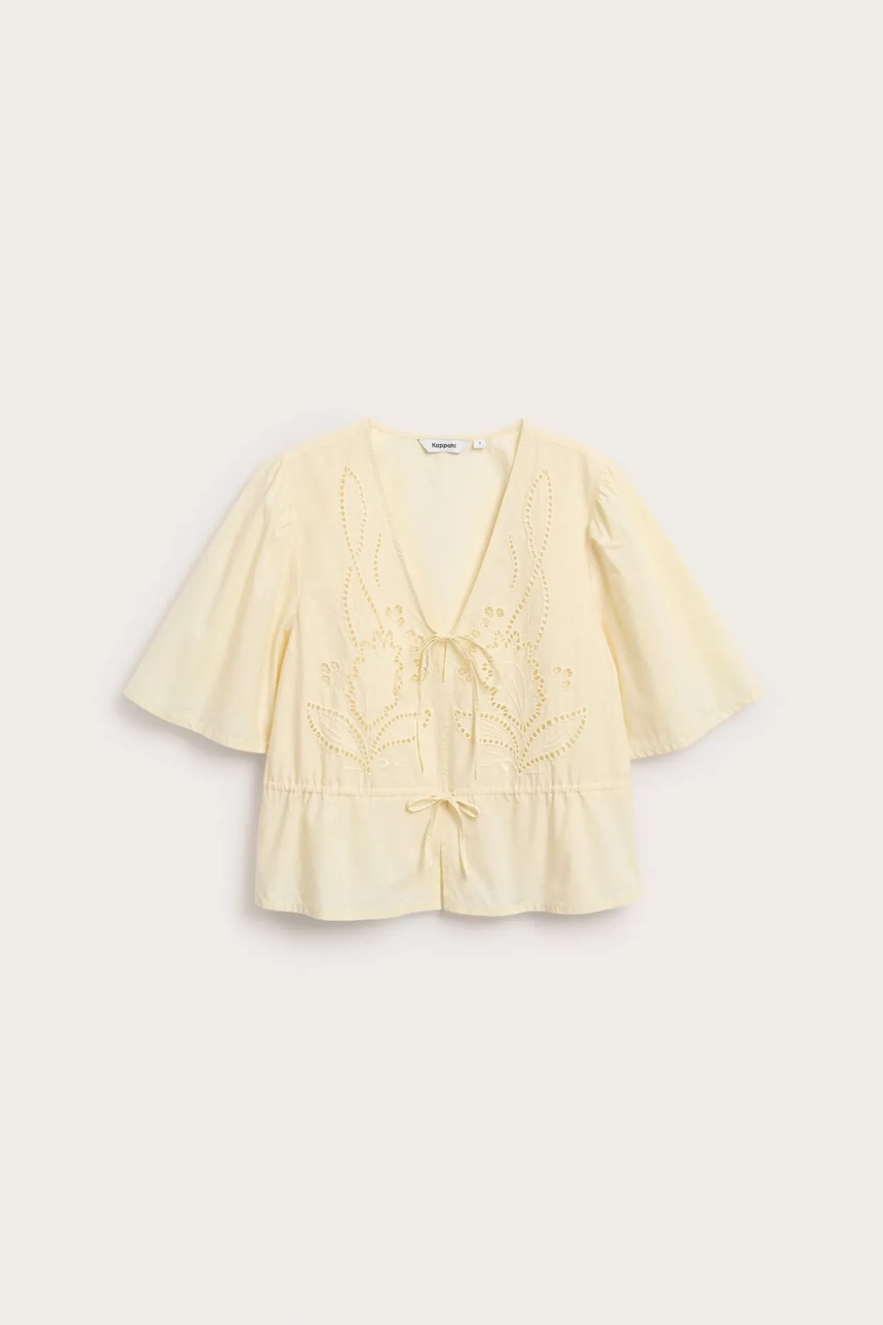 Bluse i bomullspoplin med broderi og knytebånd