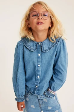 Bluse med volangkrage i bomullsdenim
