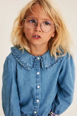 Bluse med volangkrage i bomullsdenim