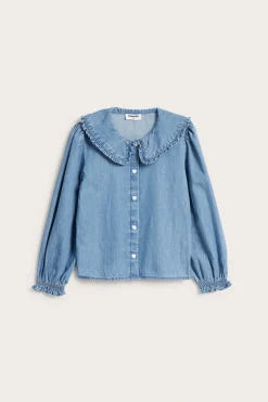 Bluse med volangkrage i bomullsdenim