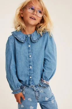 Bluse med volangkrage i bomullsdenim