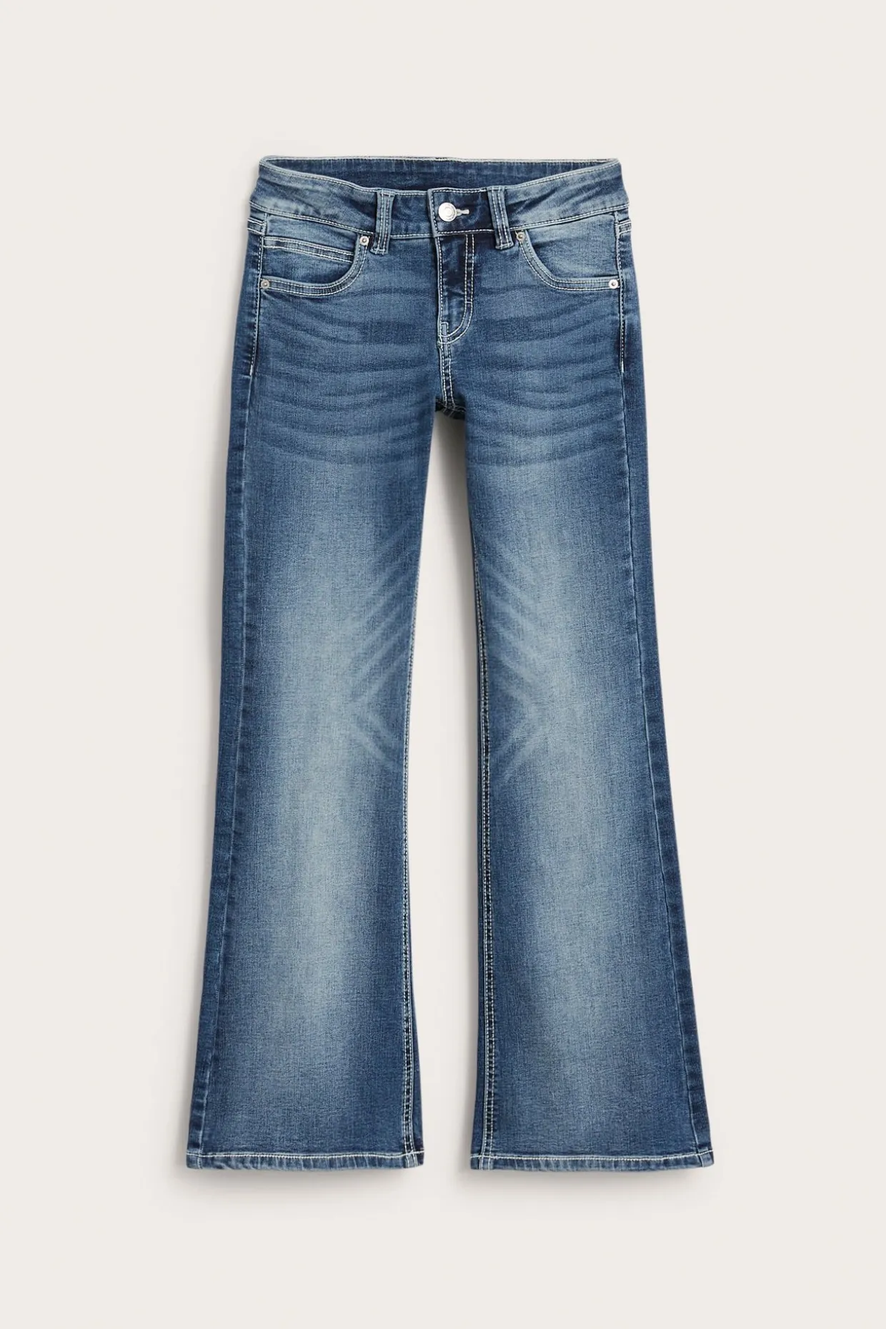 Bootcut-jeans med lavt liv og broderte baklommer