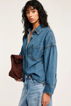 Jeansskjorte med draperte ermer