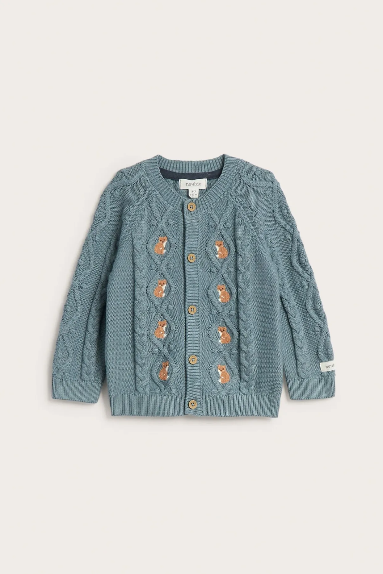 Kabelstrikket cardigan med revemotiv