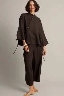 Linbluse med slipsdetalj