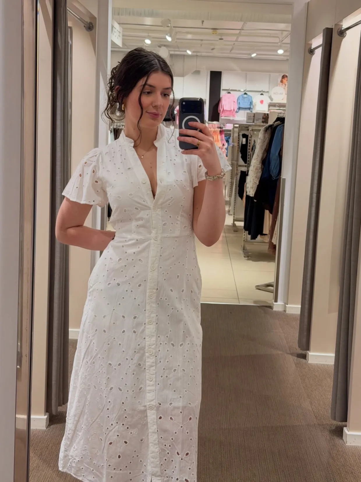 Midikjole med broderie anglaise