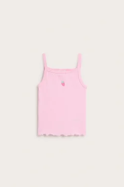 Ribbet singlet med jordbærbroderi