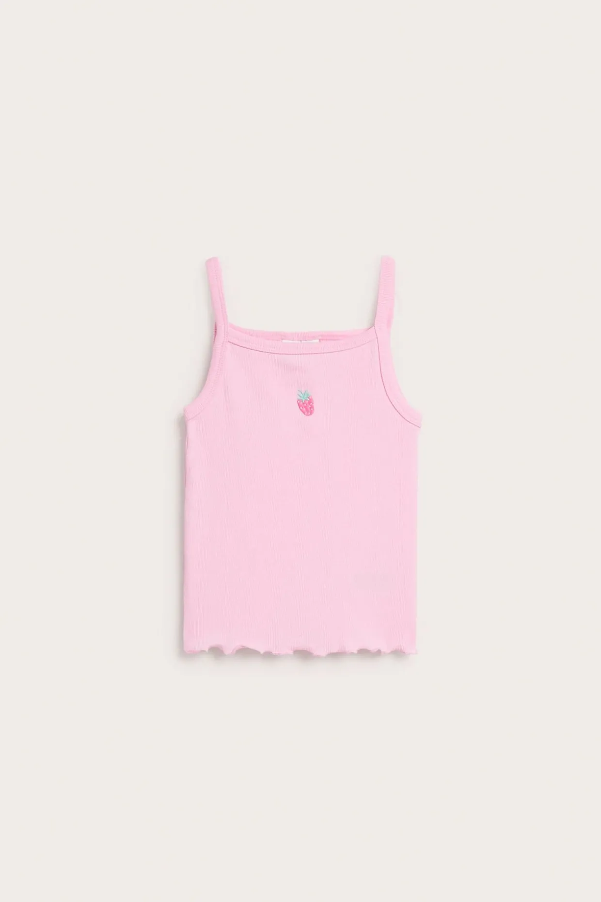 Ribbet singlet med jordbærbroderi