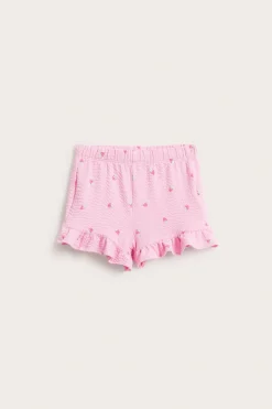 Shorts med jordbærmønster og volangkant
