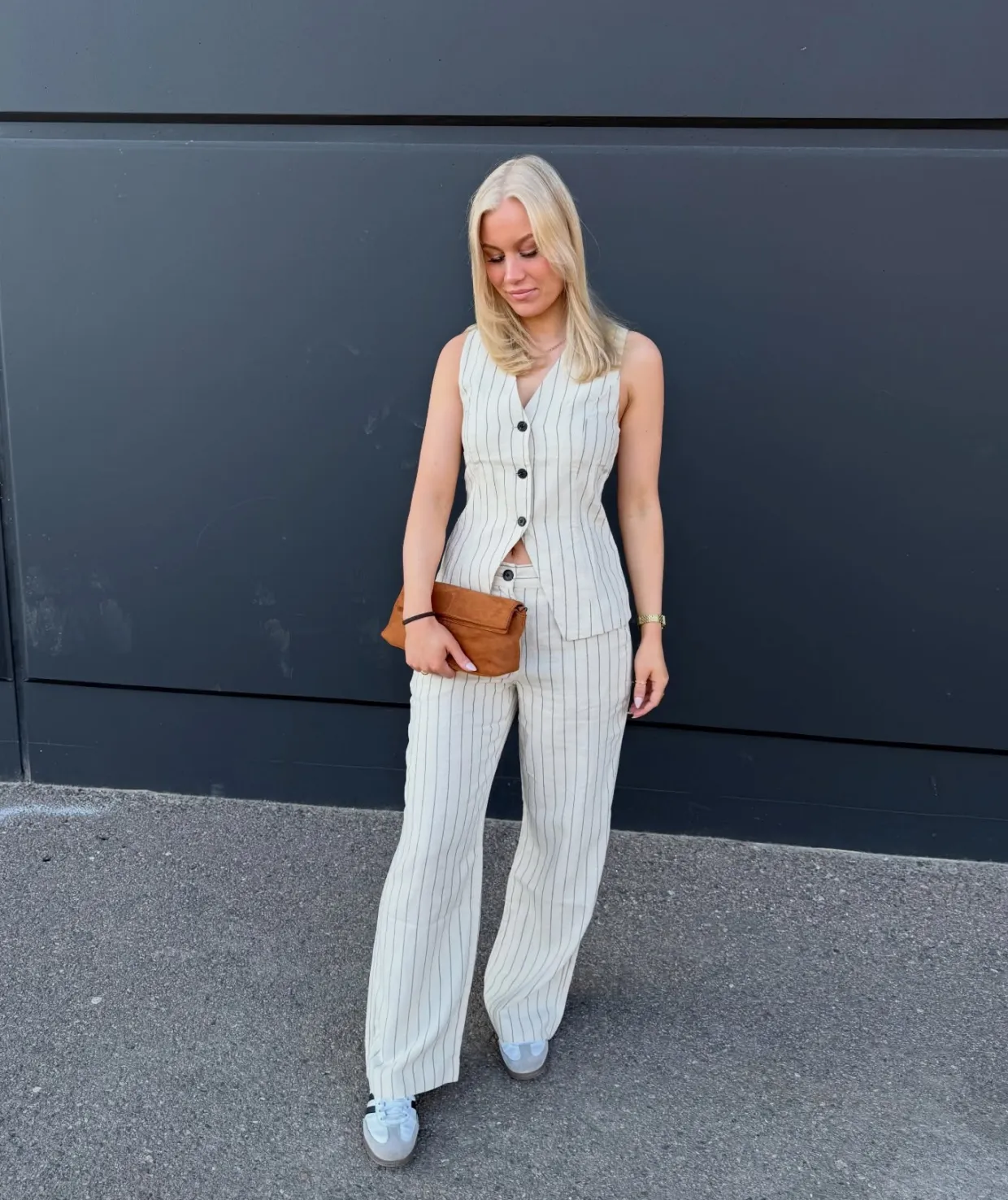 Stripete dressbukser i linblanding