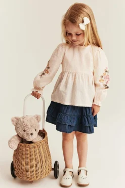 Vevd bluse med blomsterbroderi